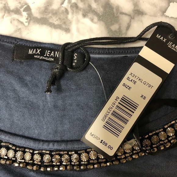 Max Jeans Blue long Dolman Sleeve Blouse Beaded Detail Size S Oversized NWT - Picture 3 of 5